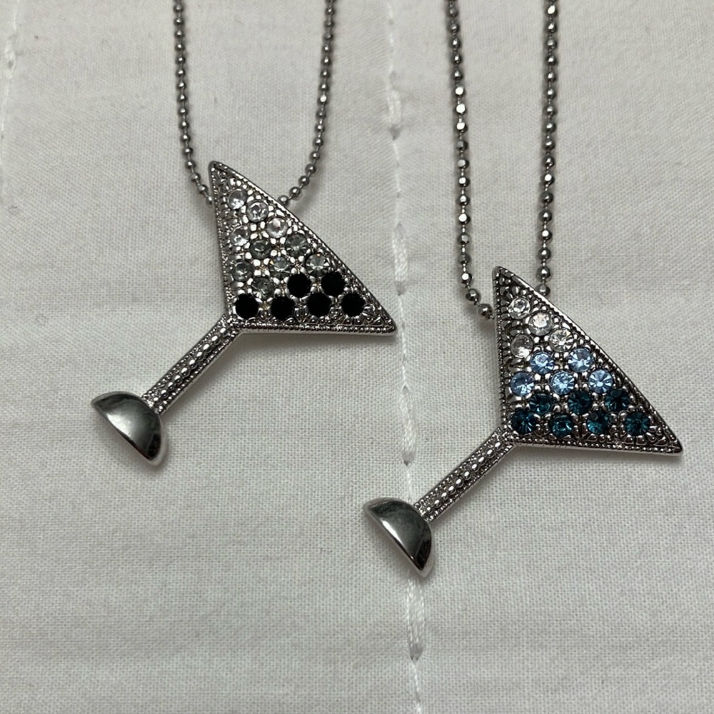 2 NWOT Swarovski crystal Martini Glass Pendant Necklace black & blue set